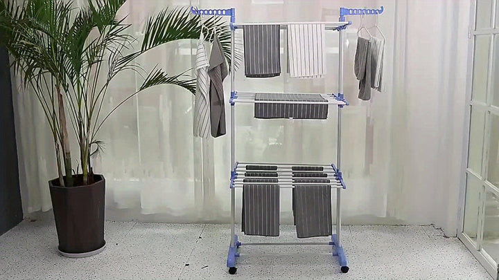 Multifunctioneel 3-laags droogrek, verticaal ontwerp. Eenvoudig opvouwbaar voor ruimtebesparende opslag na het drogen.