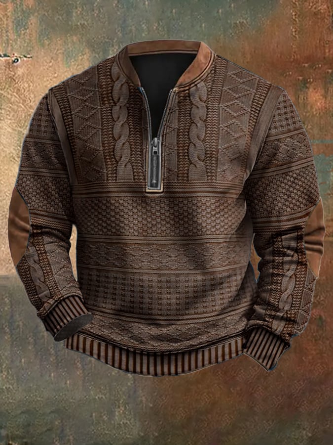 Heren gebreide sweater met rits en vintage uitstraling; comfortabel, stijlvol en veelzijdig.