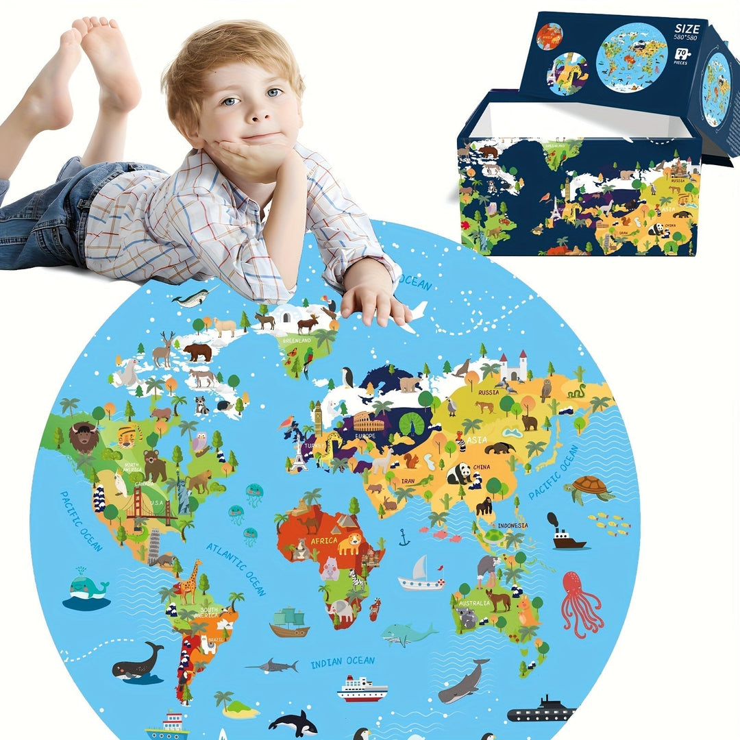 Kleurrijke 70-delige dieren wereldkaart vloerpuzzel, rond en educatief speelgoed voor kleuters.