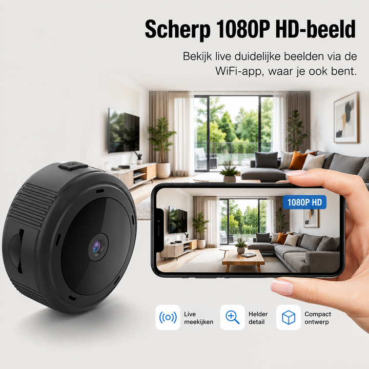 Draadloze mini IP camera 1080P HD met nachtzicht, voor bewaking thuis, als babyfoon of algemene binnencamera.
