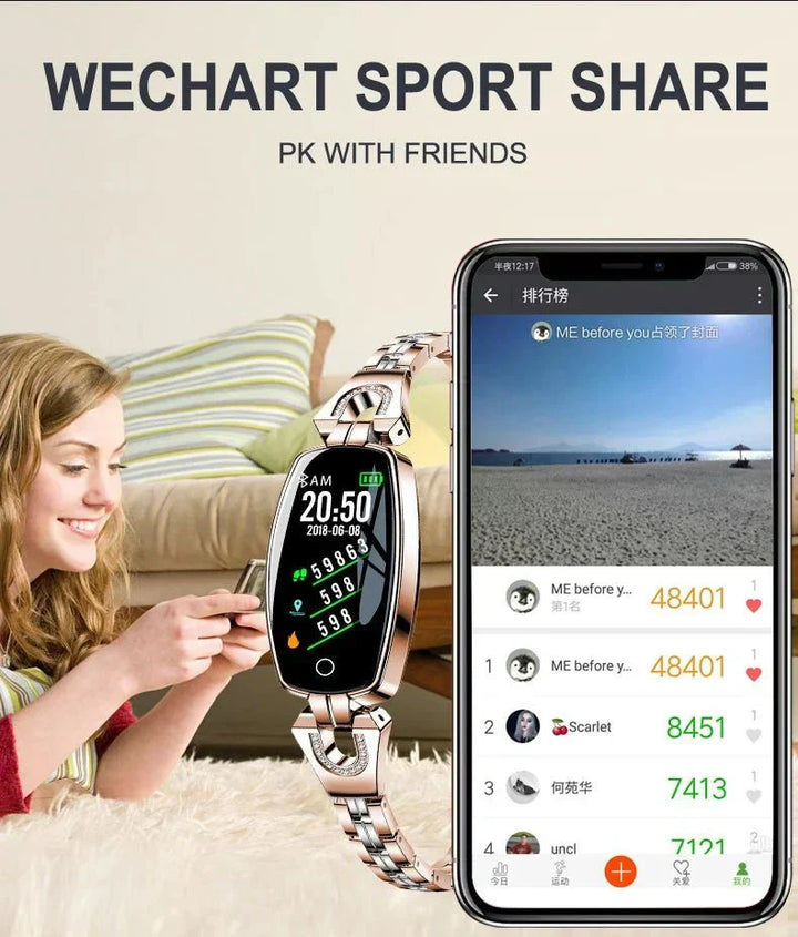 Dames waterdichte fitness armband met helder display, toont hartslag, stappen en andere gezondheidsdata.