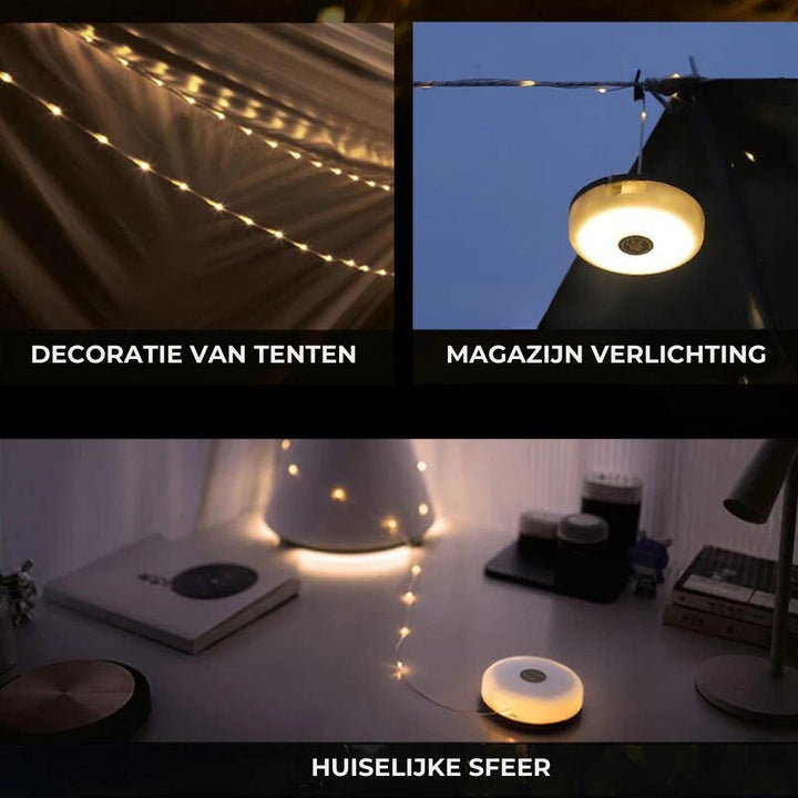 Feestelijke LED buitenverlichting, oprolbaar, waterdicht en met powerbank, voor elk buitenfeest.