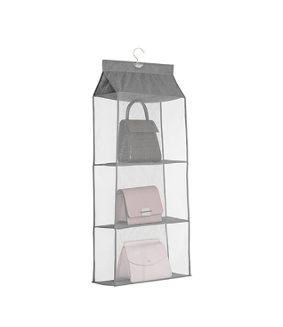 Moderne grijze hangende handtas organizer voor een opgeruimde garderobe, beschermt uw accessoires.