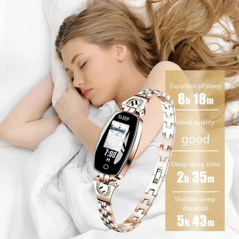 Luxe gouden waterdichte fitness armband voor dames, activity tracker voor een actieve levensstijl en welzijn.