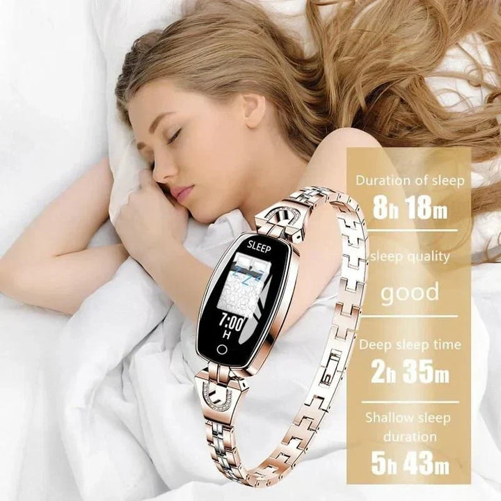 Luxe gouden waterdichte fitness armband voor dames, activity tracker voor een actieve levensstijl en welzijn.