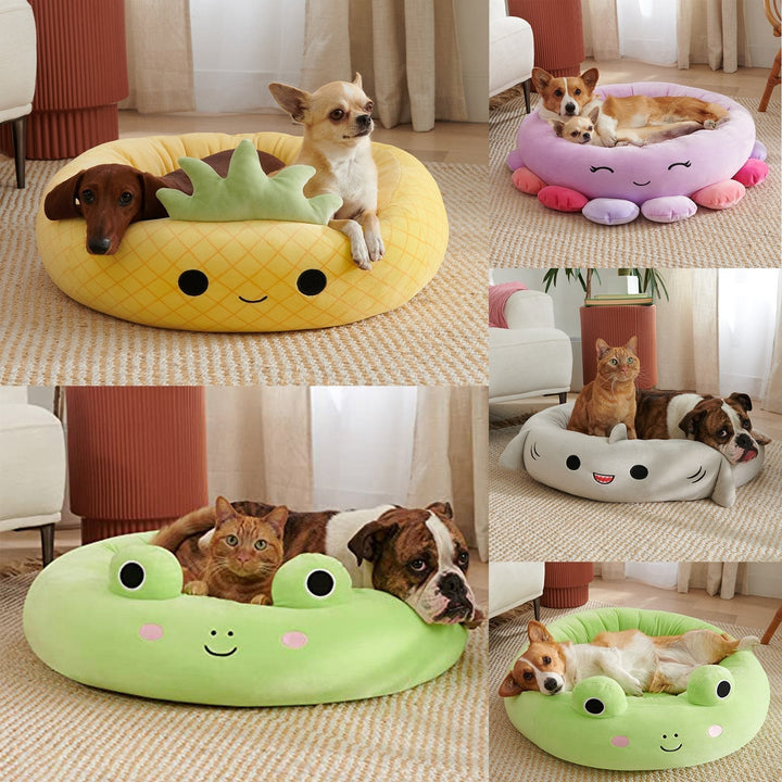 Superzacht pluche huisdierbed met schattig dieren- & fruitdesign voor ultiem comfort van uw kat of hond.