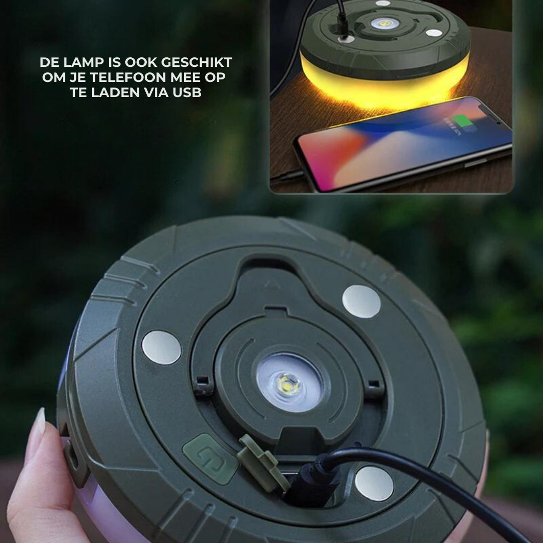 Draagbare LED campinglamp met powerbank, oplaadbaar en waterdicht, perfect voor avonturen buiten.