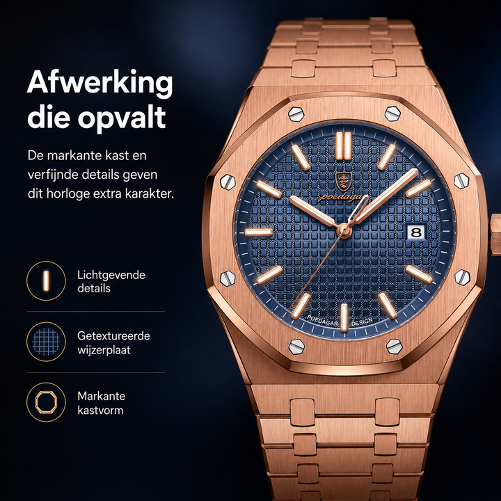 Close-up van het moderne Jonas Deluxe herenhorloge, stalen kast en comfortabele band voor dagelijks comfort.