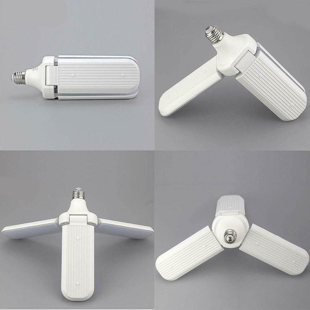 Detailbeeld van de opvouwbare LED plafondlamp met ventilatorfunctie; ruimtebesparend en heldere verlichting.