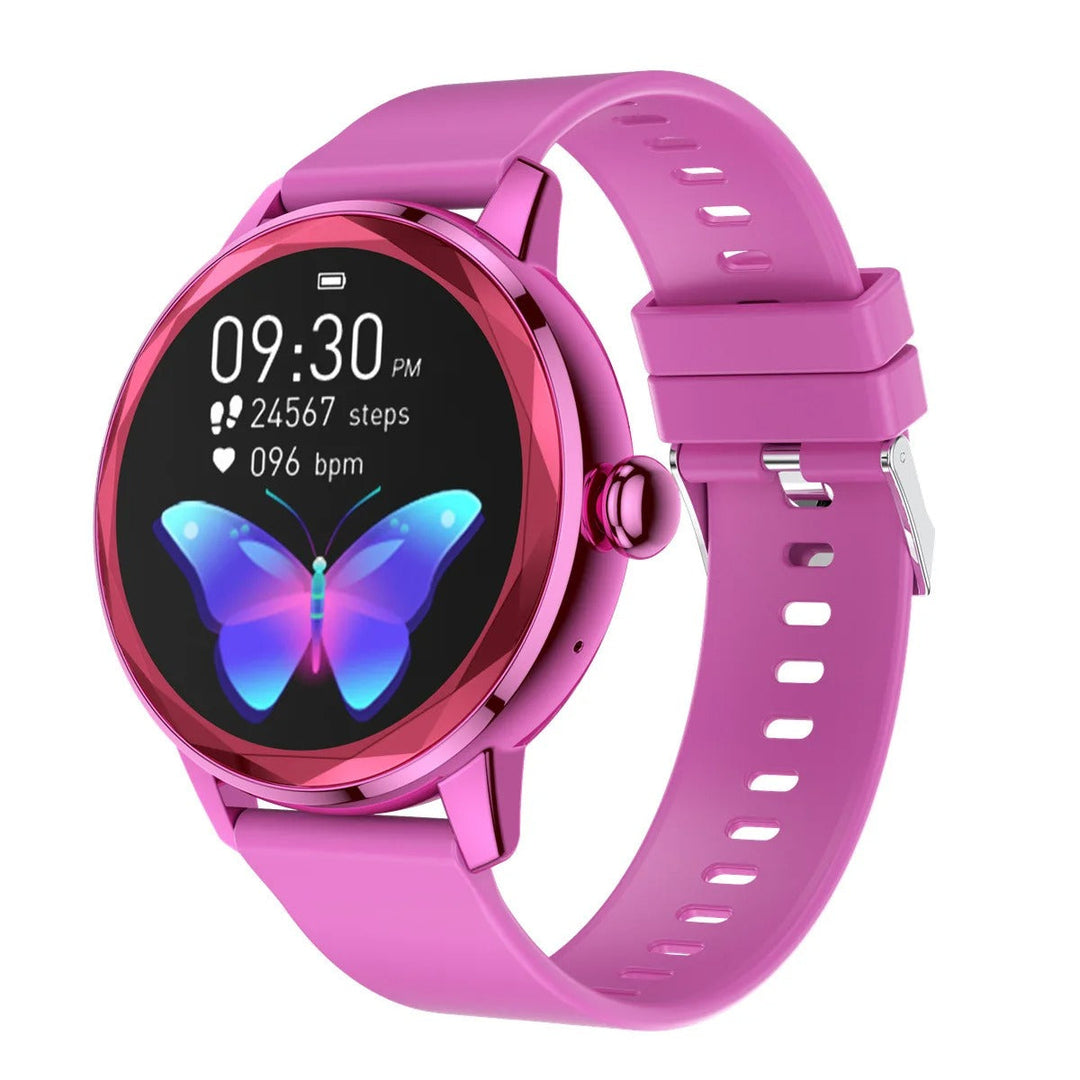 Achterkant Smart Gold dames smartwatch met ingebouwde hartslagsensor en oplaadpunten.