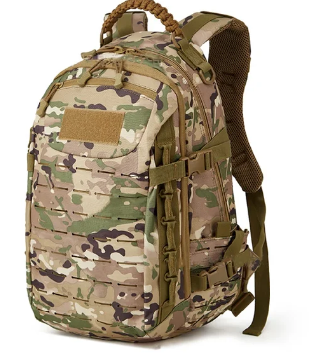 Modulaire 30L reisrugzak met tactische uitstraling, geschikt als duurzame commando rugzak voor diverse outdoor activiteiten.