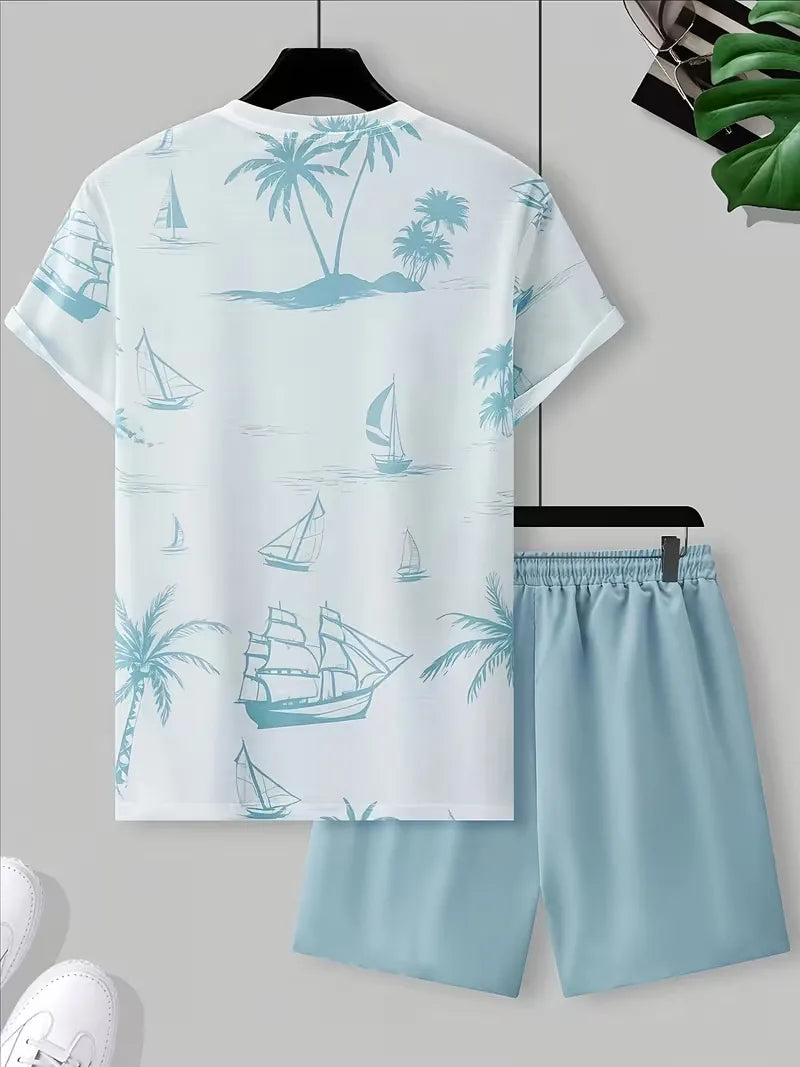 Comfortabele heren tweedelige zomer kledingset met 3D print T-shirt en shorts, perfect voor casual vakantie.
