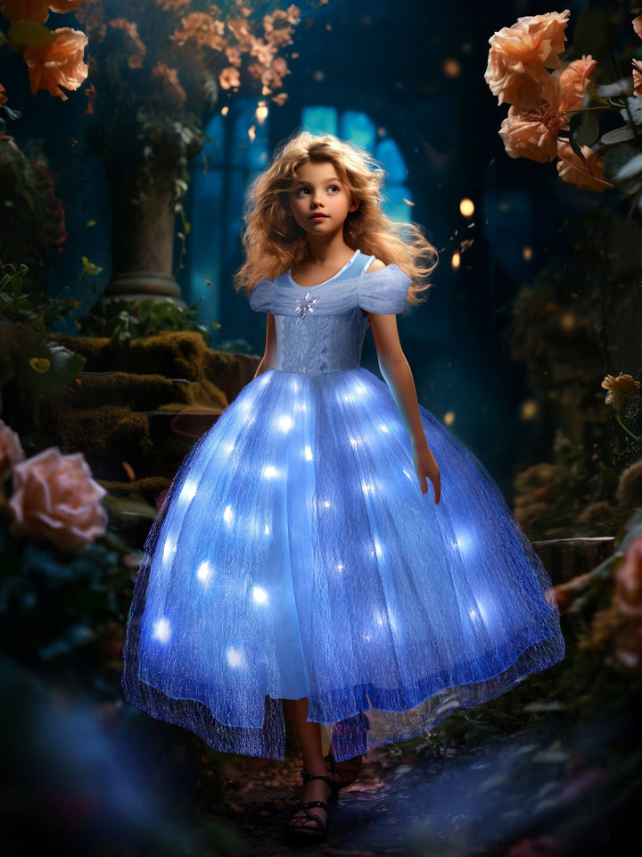 Roze magische LED tutu jurk voor meisjes met glinsterende rok, perfect voor prinsessen- en verjaardagsfeestjes.