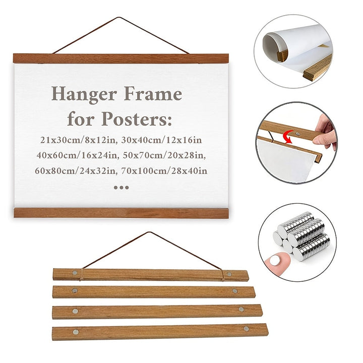 Stijlvolle houten posterophanger met sterke magneten, perfect voor moderne interieurdecoratie.