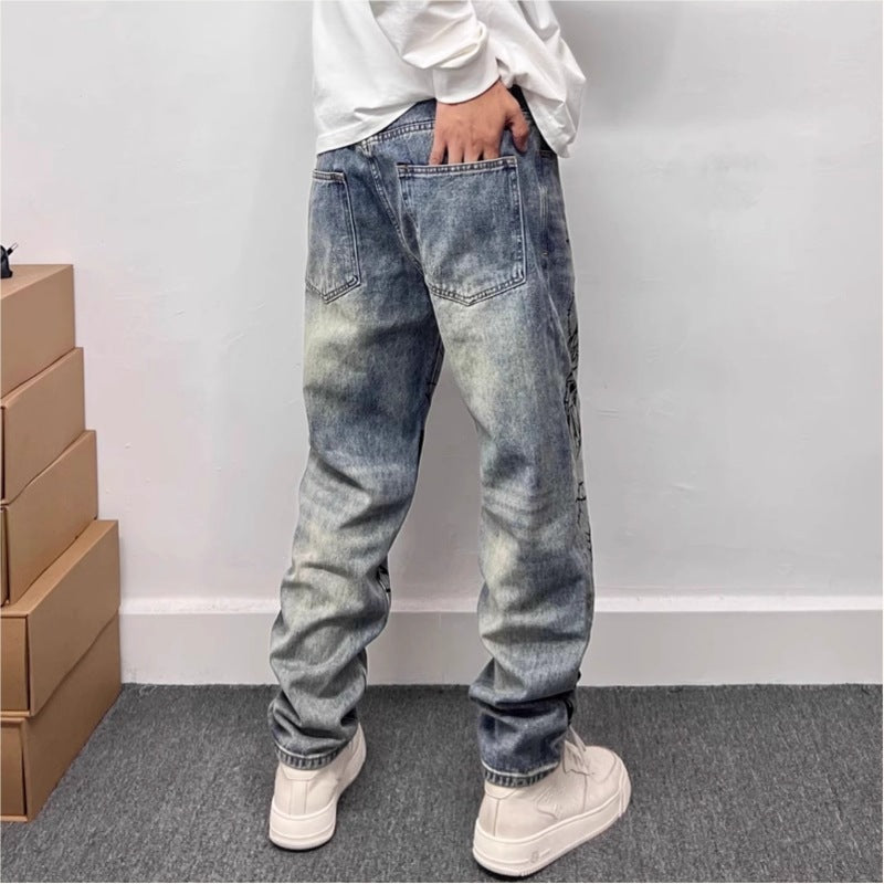 Lichtblauwe heren jeans met rechte pijpen en een opvallende grafische print, hoogwaardige denim stof.