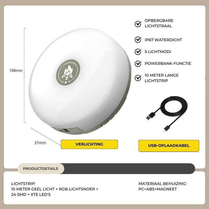 Robuuste LED tuinverlichting, oprolbaar en waterdicht, met powerbank functie voor lange avonden.