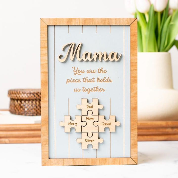 Gepersonaliseerde houten puzzel met namen, ideaal geschenk voor familie en een blijvend symbool van verbondenheid.