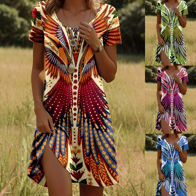 Losse dames boho mini jurk met vrolijke, elegante print. Perfect als casual zomerjurk voor modieuze vrouwen.