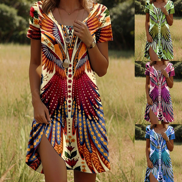 Losse dames boho mini jurk met vrolijke, elegante print. Perfect als casual zomerjurk voor modieuze vrouwen.
