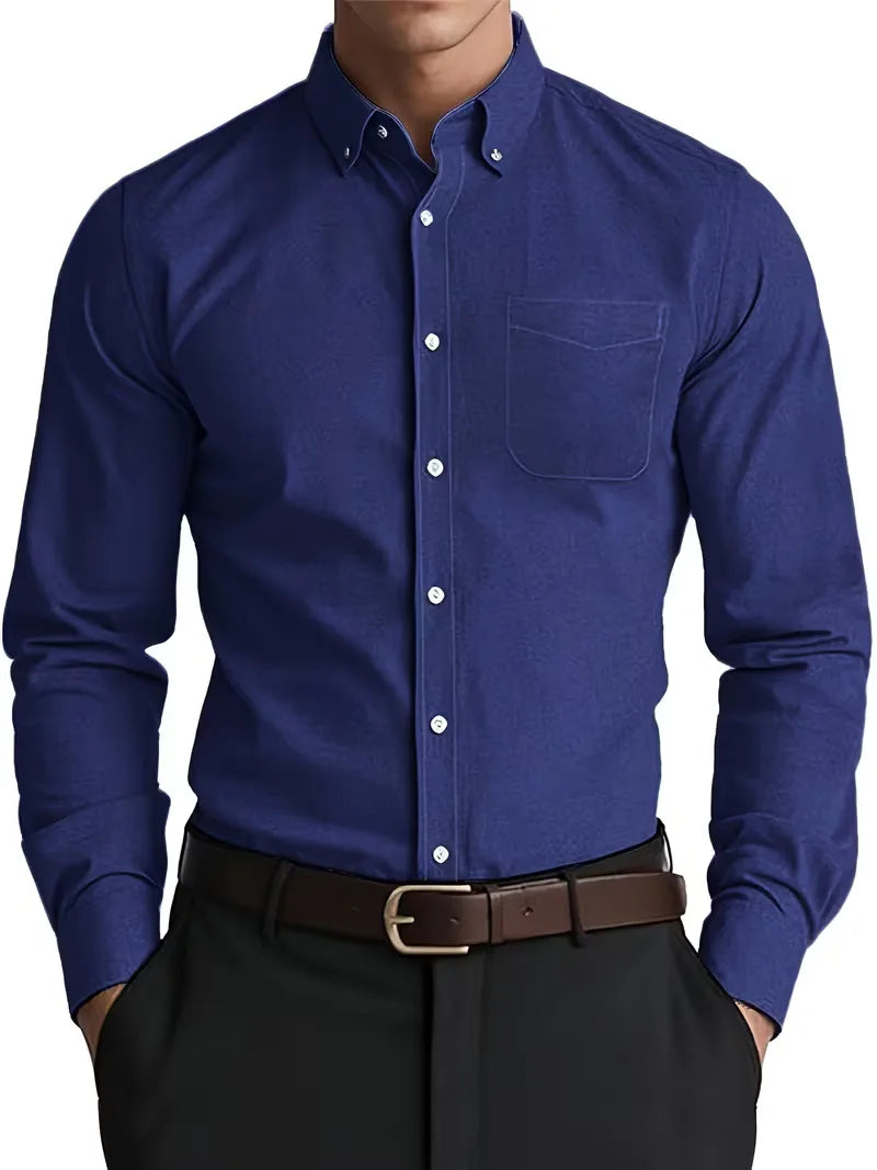 Wit button-down herenoverhemd, mandarin kraag, lange mouwen, regular fit. Smart casual.