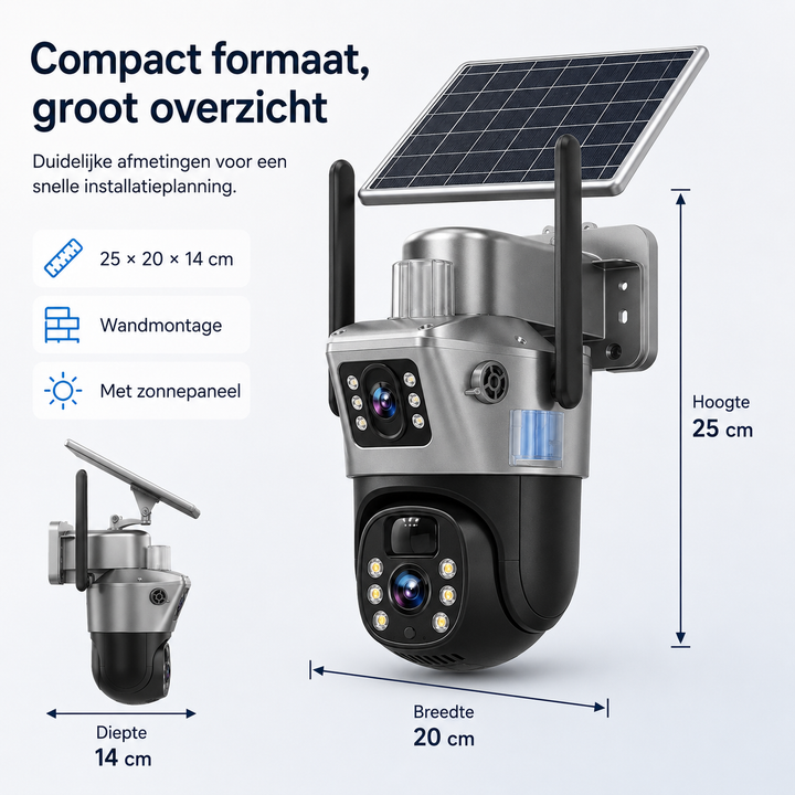 Draadloze 4K buitencamera met zonnepaneel, 360° rotatie, nachtzicht en IP66 classificatie.