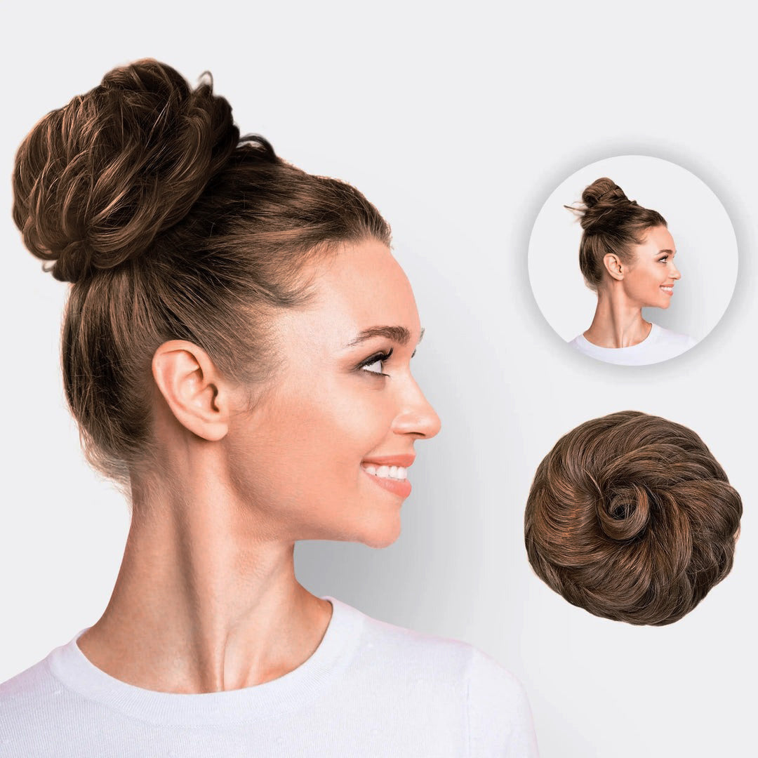 Bruine volumeknot scrunchie. Ideaal voor een snelle, volle haarstijl.