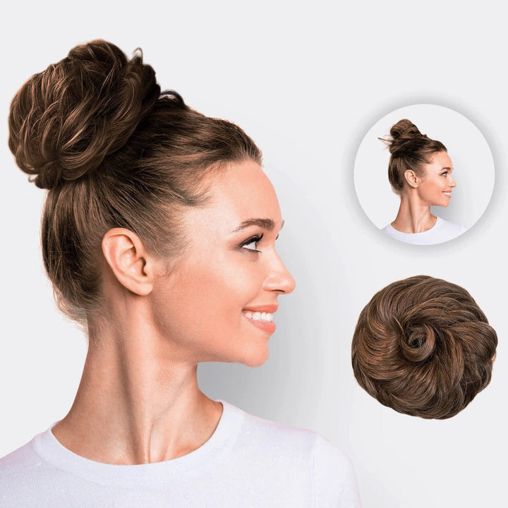 Bruine volumeknot scrunchie. Ideaal voor een snelle, volle haarstijl.