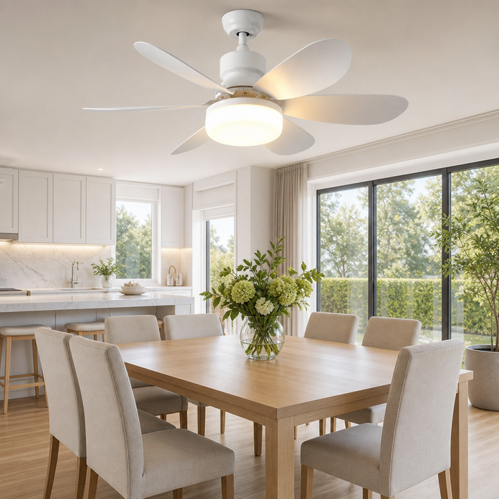Moderne witte 2-in-1 plafondlamp met stille ventilator, dimbare LED verlichting en afstandsbediening voor woonkamer.