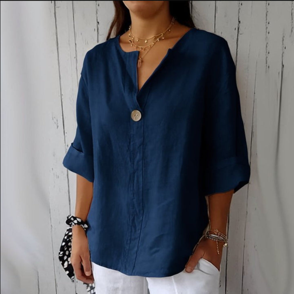 Stijlvolle relaxte fit damesblouse CJ26 met V-hals. Comfortabele 3/4 mouw top voor lente/zomer.
