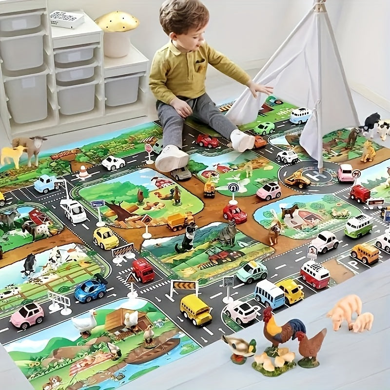 DuoPlay dubbelzijdig speelkleed voor kinderen met boerderij en verkeer; stimuleert creatief rollenspel.