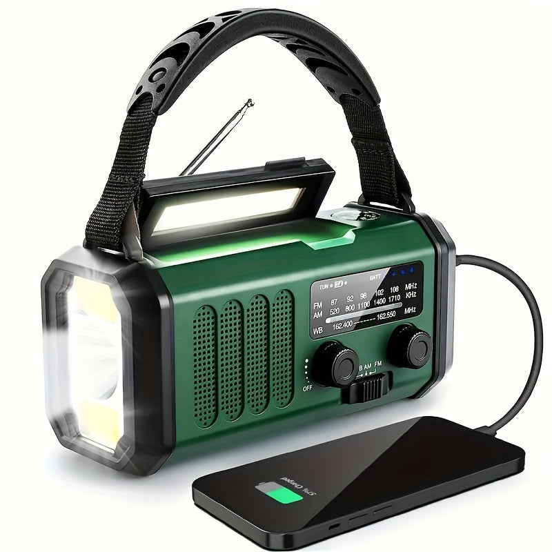 Outdoor draagbare noodradio met zonne-energie & handcrank voor camping, wandelen & noodsituaties.