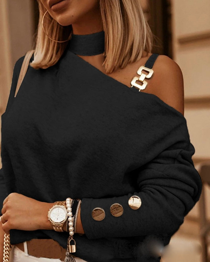Stijlvolle dames trui Silvie: een off-shoulder top met lange mouwen, perfect voor casual chic looks.