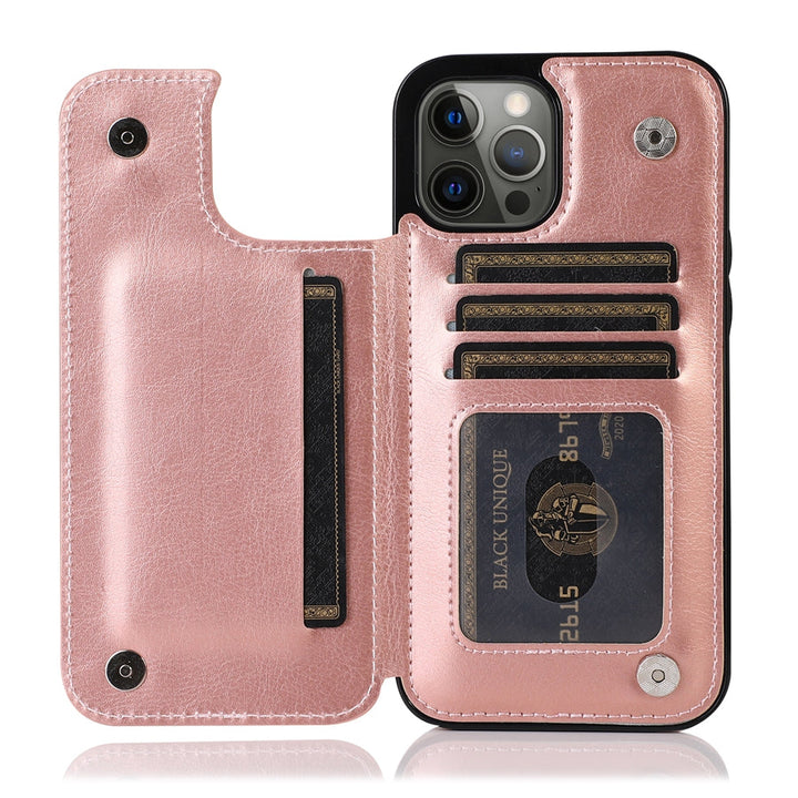 Zwarte leren iPhone hoes met portemonnee functie: ruimte voor pasjes, extra bescherming.