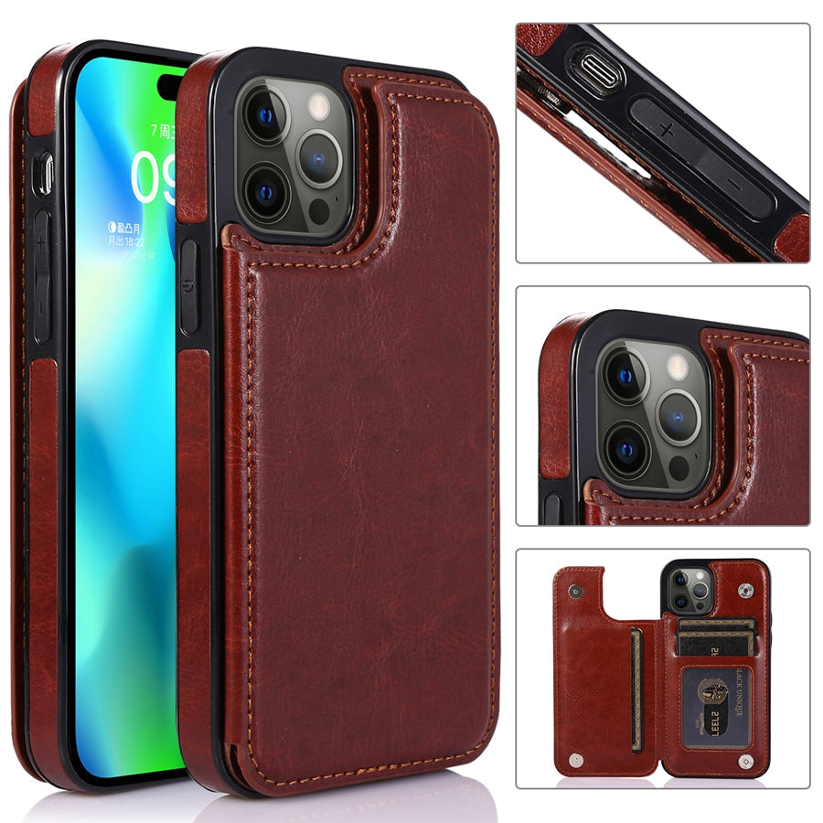 Premium leren telefoonhoes voor iPhone, met handige kaartvakken en magnetische sluiting.