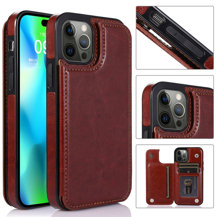 Premium leren telefoonhoes voor iPhone, met handige kaartvakken en magnetische sluiting.