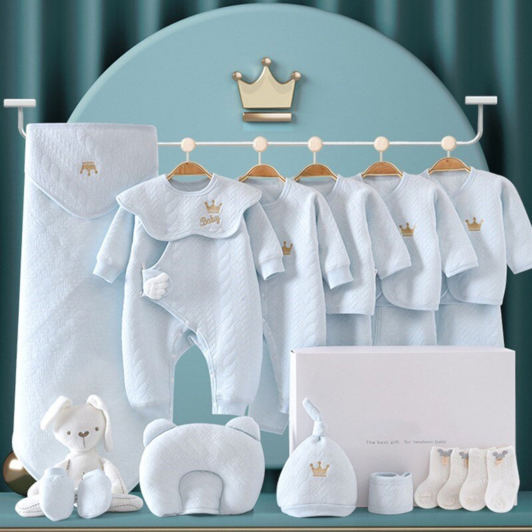 Elegante geschenkverpakking van de luxe babycadeauset, ideaal als kraamcadeau of babyshower cadeau.