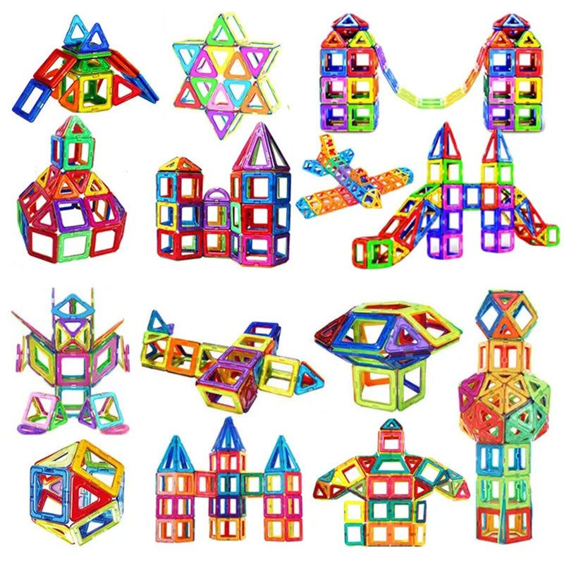 Diverse vormen en levendige kleuren van magnetische bouwstenen voor eindeloos bouwplezier.