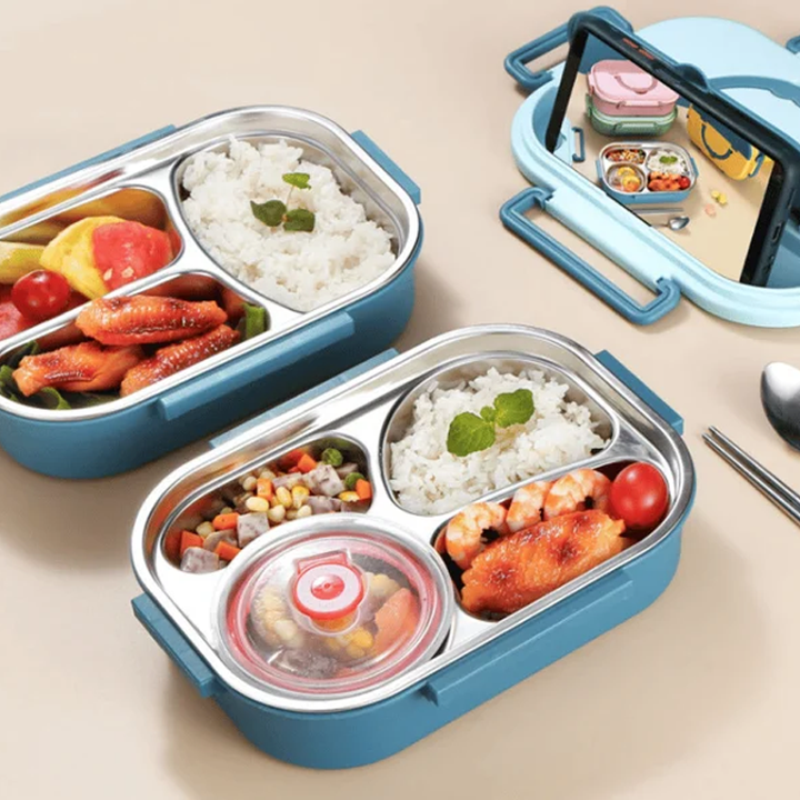 Duurzame thermische bento lunchbox van RVS, houdt eten lang warm. Ideaal voor milieubewuste maaltijden.