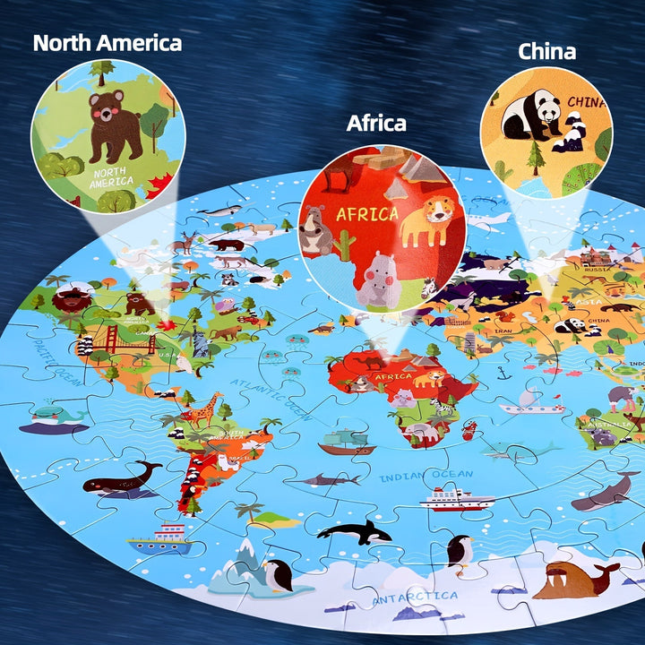 Dieren wereldkaart vloerpuzzel (70-delig) voor kinderen, rond ontwerp; leuk educatief gezinsspel.