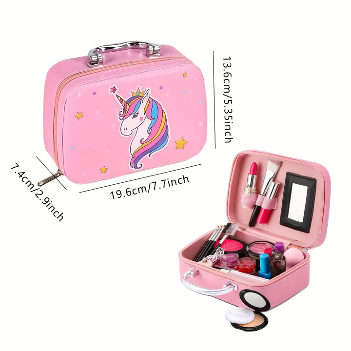 Eenhoorn make-up speelset geopend, toont veilige oogschaduw, lipgloss en kwasten voor meisjes.