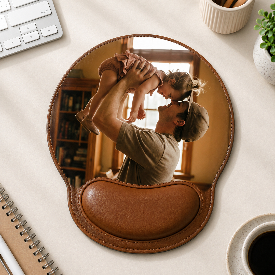 Gepersonaliseerde muismat met eigen foto, perfect voor een uniek cadeau of sfeervolle werkplek.