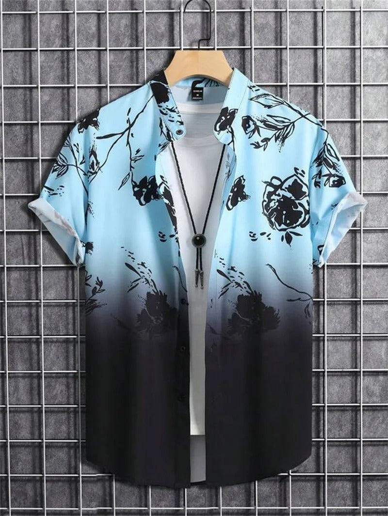 Heren overhemd met opvallende 3D bloemenprint. Kleurrijk Hawaii overhemd, korte mouw, perfect voor zomerse feesten.