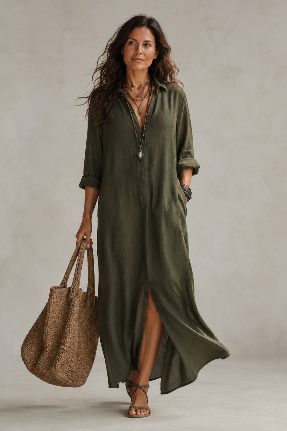 Elegante dames midi jurk met V-hals en A-lijn pasvorm, ideaal voor zomerse dagen of feestjes. Modieus en comfortabel.