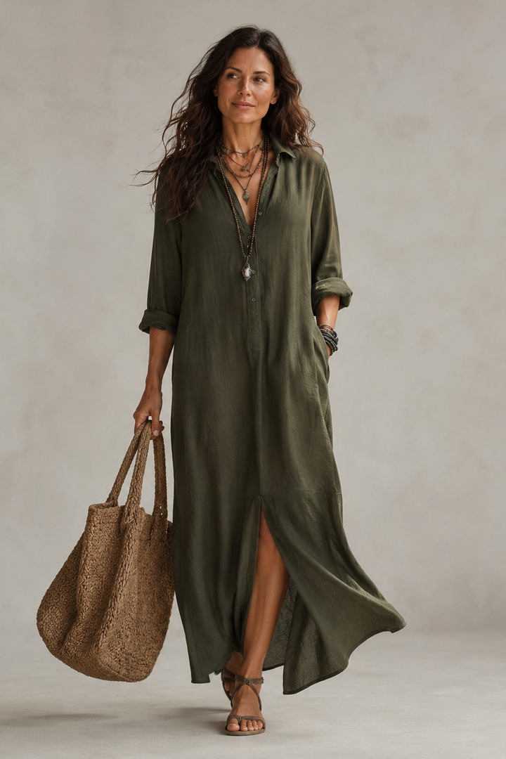 Elegante dames midi jurk met V-hals en A-lijn pasvorm, ideaal voor zomerse dagen of feestjes. Modieus en comfortabel.