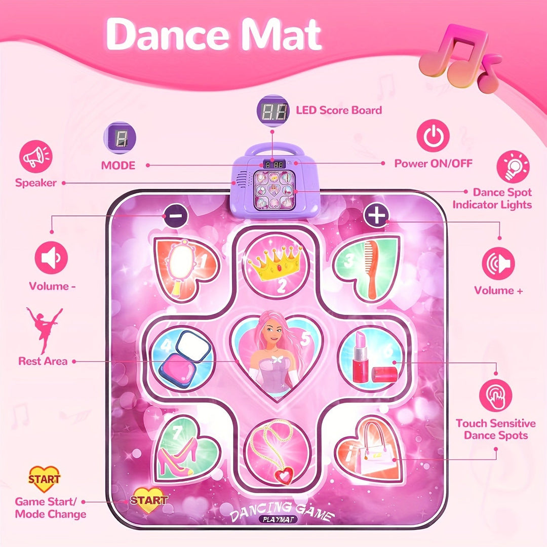 Vrolijk meisje danst op roze interactieve dansmat; educatief speelgoed dat ritme en beweging stimuleert.