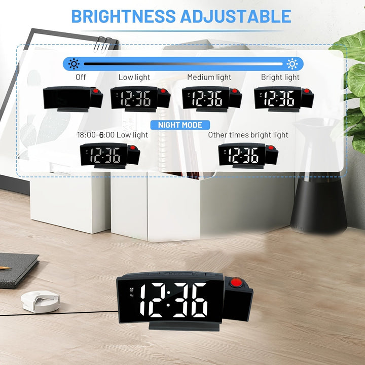 Digitale projectiewekker in donkere slaapkamer, toont tijd duidelijk op muur; perfecte nachtklok.