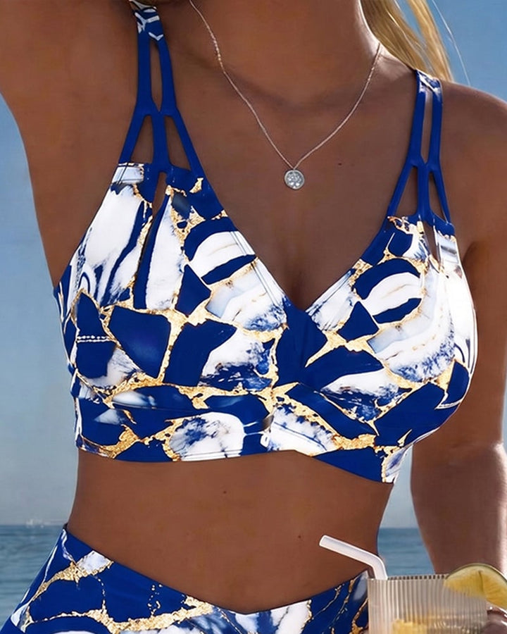 Blauwe dames bikini, hoge taille, modieus design, perfecte zwemkleding voor de zomer.
