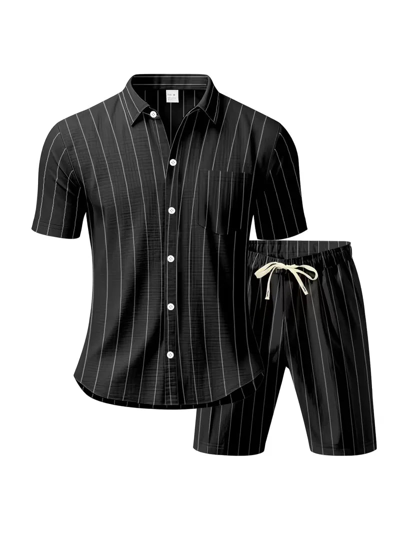Heren tweedelige casual outfit: comfortabel shirt & korte broek met korte mouwen, ontspannen look.
