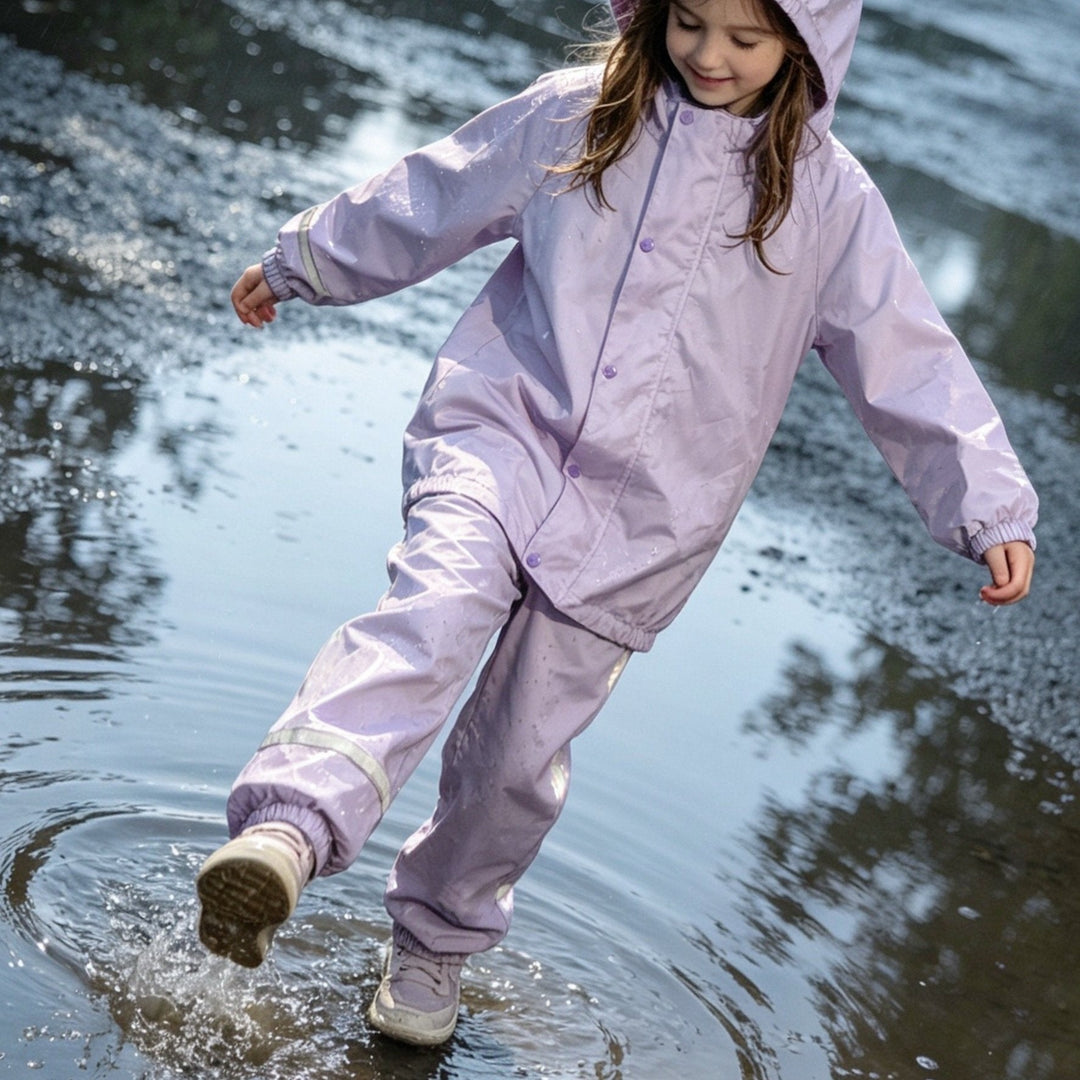 Felgekleurde kinder regenjas met capuchon, deel van waterdicht regenpak. Geschikt als outdoor kleding.