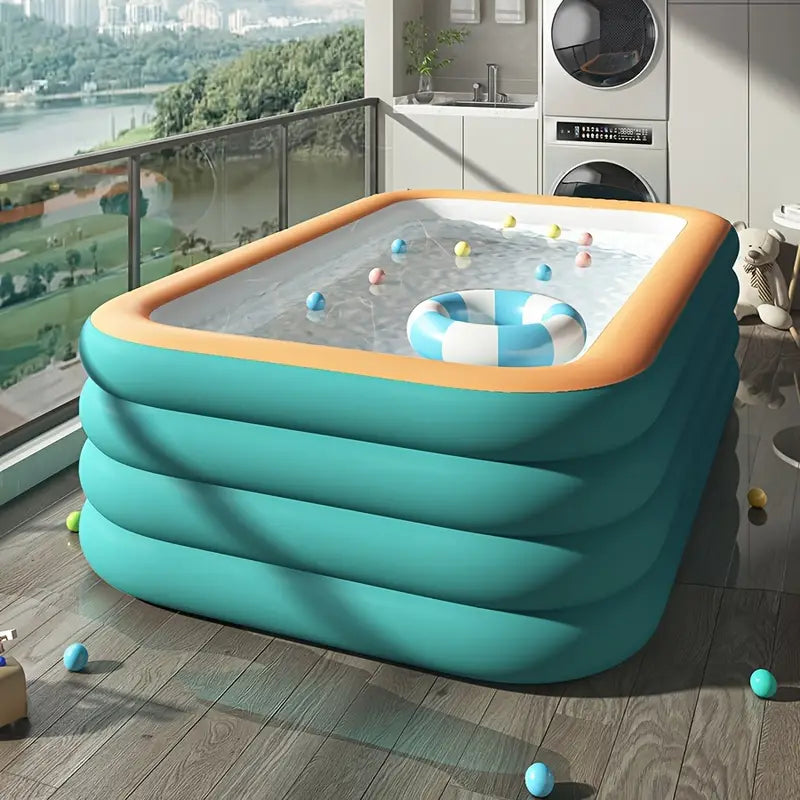 Volwassenen genieten van waterplezier in een groot, opblaasbaar zwembad; perfect voor verkoeling en ontspanning in de zomer.